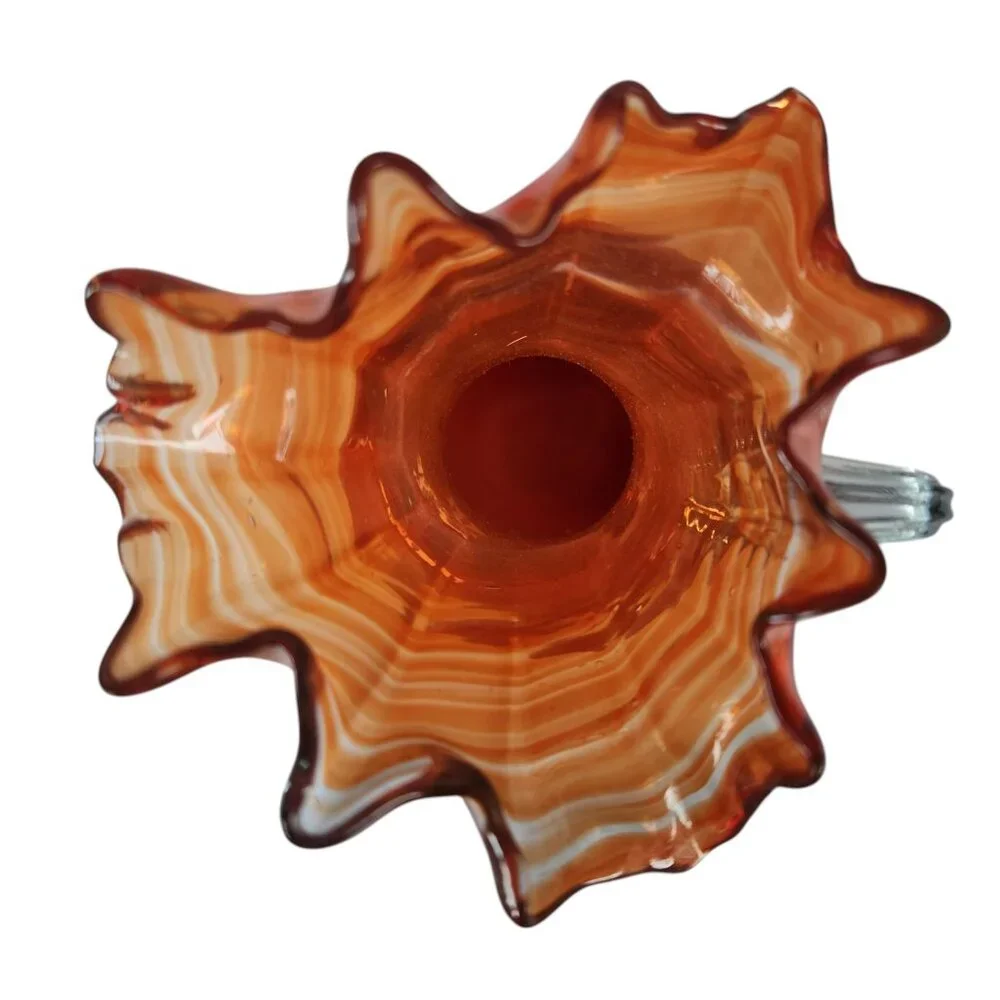 Vintage Fenton Orange Swirl Ruffled Fluted Pitcher Vase 7” x 3” Blue Tint Handle
